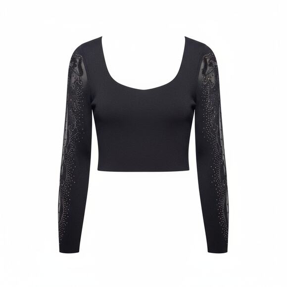 Sweet Rain Black Embellished Knit Crop Top W/ Lace Sleeves Size Medium - Picture 3 of 13